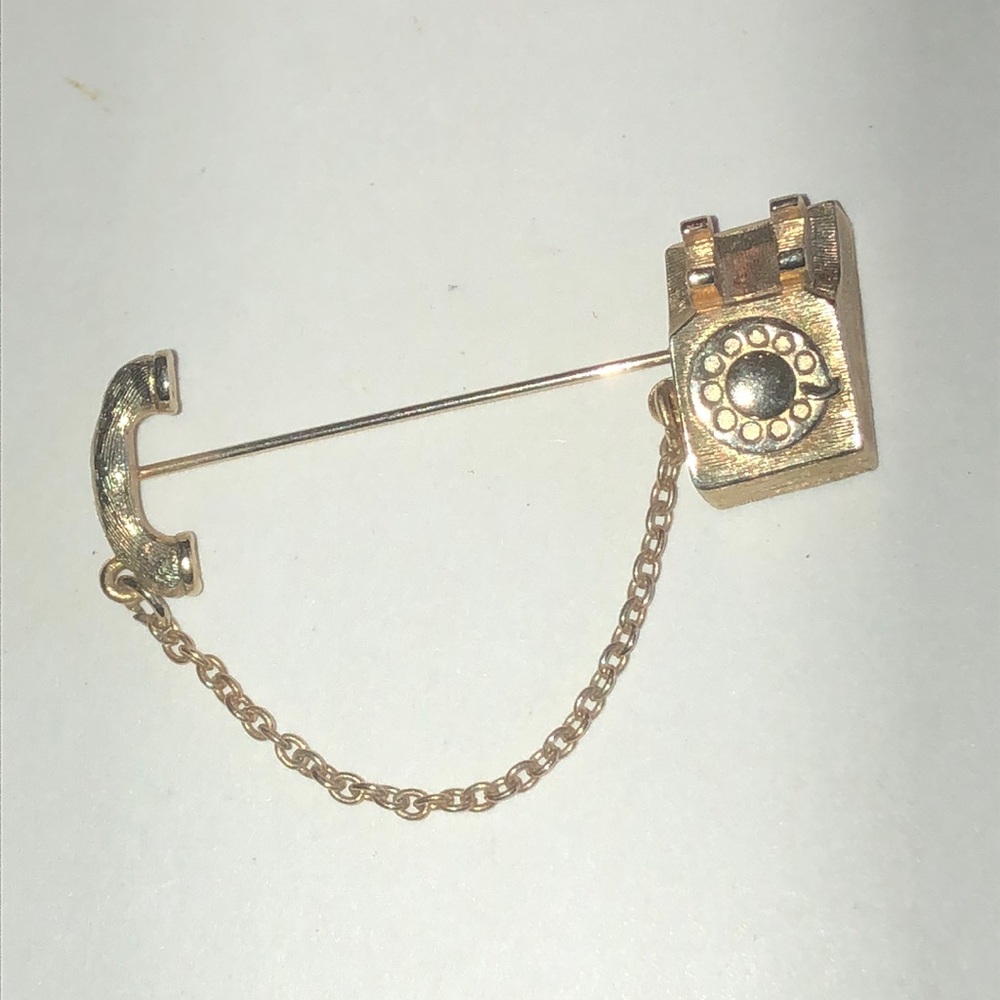 Avon Vintage Gold Tone Telephone Pin Brooch with Chain